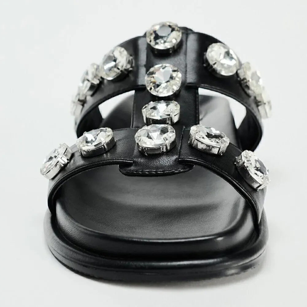 ZARA Black Crystal Embellished Flat Sandals NWT Double Strap Gem Slides Size 7.5 - Picture 15 of 16